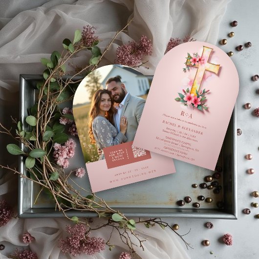 Invitation Pink Watercolor Pastel Floral Cross-Shape Wedding