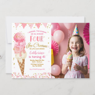 Invitation Pink We Scream Four Ice Cream 4th Birthday Photo