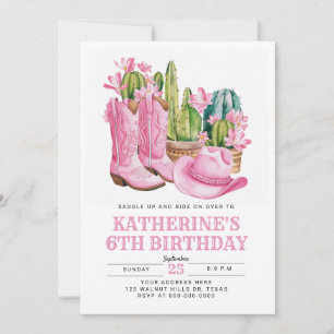 Invitation Pink West Cowgirl Cactus Aquarelle Anniversaire