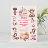 Invitation Pink Western Premier Anniversaire Rodéo bébé fille (Debout devant)
