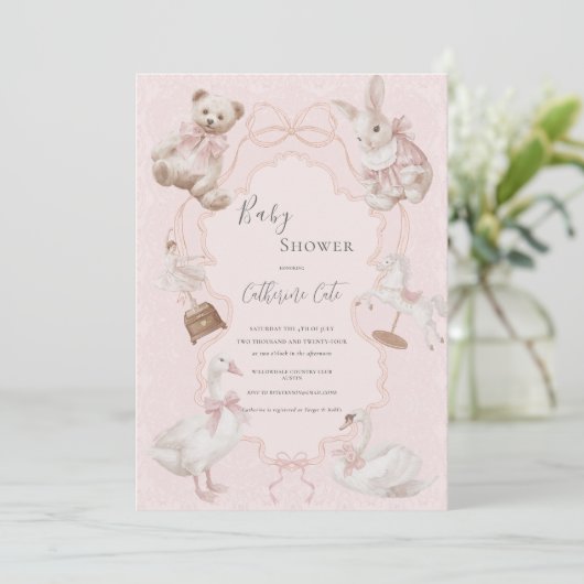 Invitation Pink Whimsical Elegant Bear Baby Shower (Debout devant)