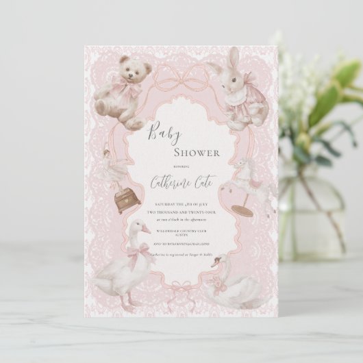 Invitation Pink Whimsical Elegant Vintage Baby Shower (Debout devant)