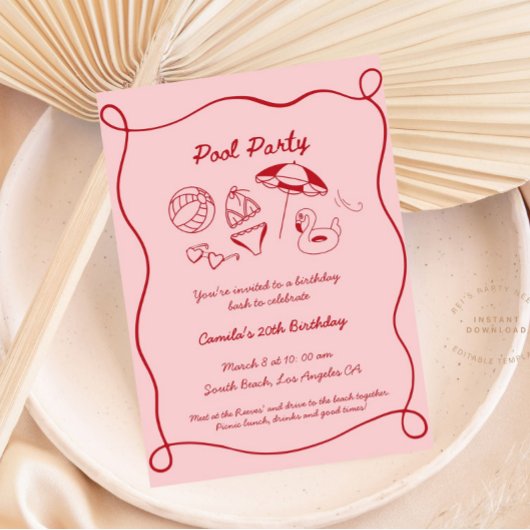 Invitation Pink Whimsical Pool Party été Anniversaire Invitat