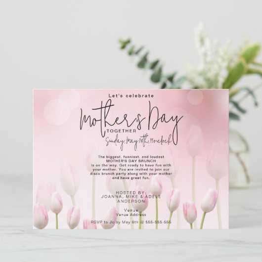 Invitation Pink Whimsical Tulips Mère's Day Script Brunch (Debout devant)