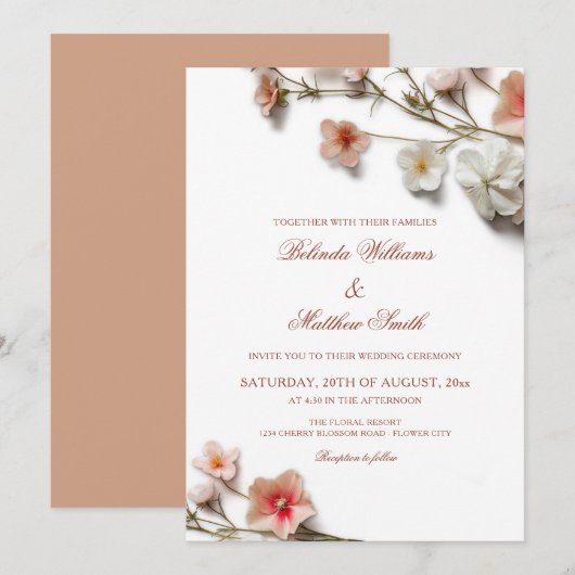 Invitation Pink White 3D Wildflowers Wedding (Devant / Derrière)