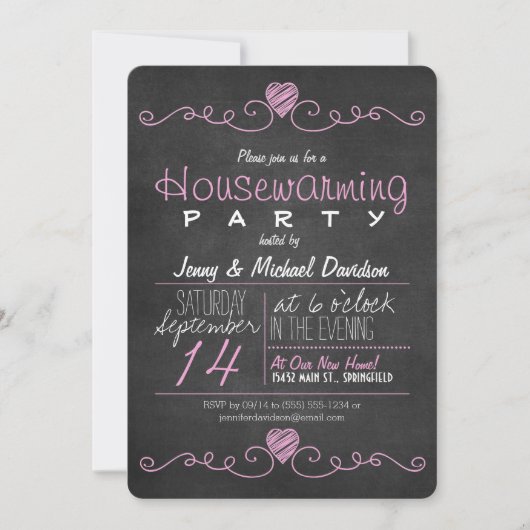 Invitation Pink & White Chalkboard House Party (Devant)