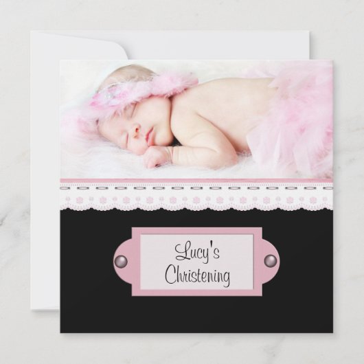 Invitation Pink White dentelle rose Black Girl Photo Christen (Devant)