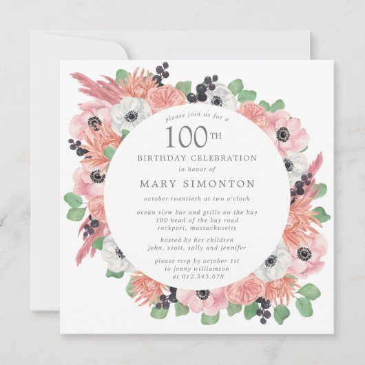 Invitation Pink White Floral Eucalyptus 100e fête d'anniversa (Devant)