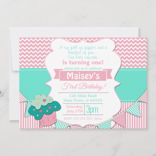 Invitation Pink & White Girls Cupcake Blackboard 1er annivers (Devant)