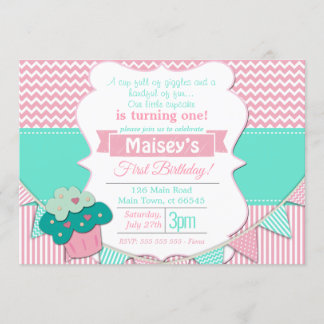 Invitation Pink & White Girls Cupcake Blackboard 1er annivers