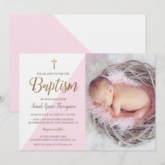 Invitation Pink White Gold Baptism photo fille fille (Devant / Derrière)