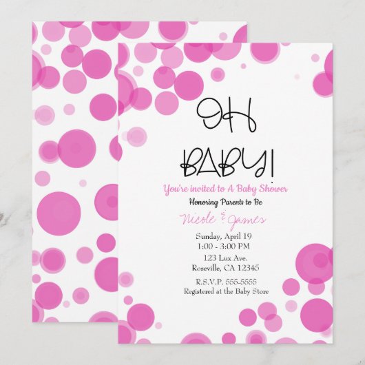 Invitation Pink & White Polka Dot Bubbles OH Baby shower (Devant / Derrière)
