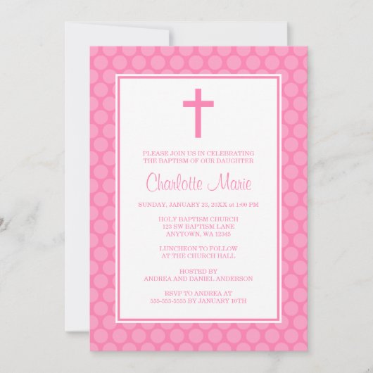 Invitation Pink White Polka Dot Cross Baptisme (Devant)