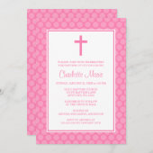 Invitation Pink White Polka Dot Cross Baptisme (Devant / Derrière)