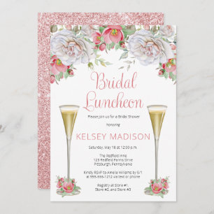 Invitation Pink White Rose Floral Blooms Bridal Luncheon