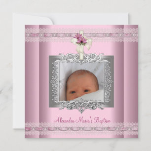 Invitation Pink White Silver Photo Croix Baptême Christening