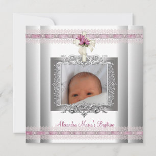 Invitation Pink White Silver Photo Croix Baptême Christening