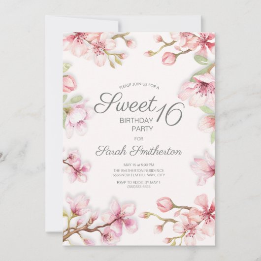 Invitation Pink White Springtime Floral Sweet 16 Anniversaire (Devant)