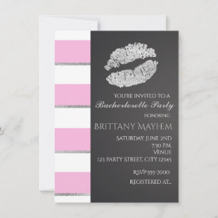 Invitation Pink & White Stripes Faux Silver Lièvres Kiss Part