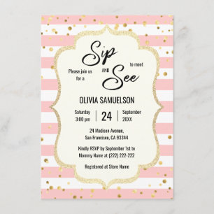 Invitation Pink White Stripes Gold Black BABY SIP et VOIR