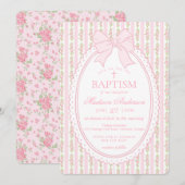 Invitation Pink & White Vintage Fancy Floral Baptism (Devant / Derrière)