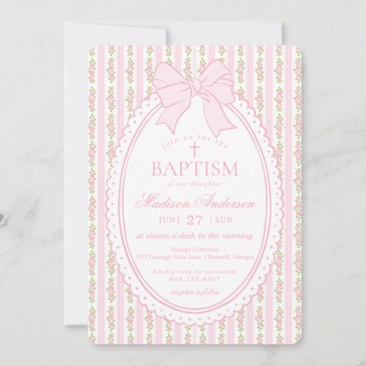 Invitation Pink & White Vintage Fancy Floral Baptism (Devant)