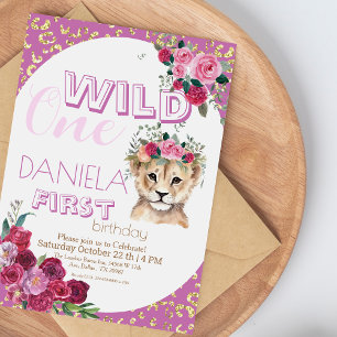 Invitation Pink Wild One Lion petite fille 1er anniversaire f