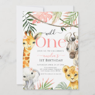 Invitation Pink Wild One Safari Jungle 1ère fille anniversair