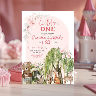 Invitation Pink Wild One Woodland Animaux Fille premier anniv