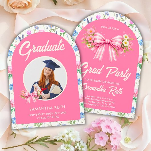 Invitation Pink Wildflower Bow Photo Graduation Party