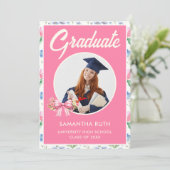 Invitation Pink Wildflower Bow Photo Graduation Party (Debout devant)