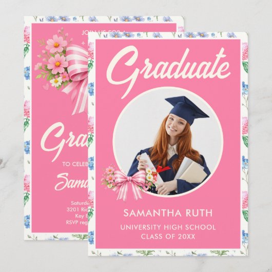 Invitation Pink Wildflower Bow Photo Graduation Party (Devant / Derrière)