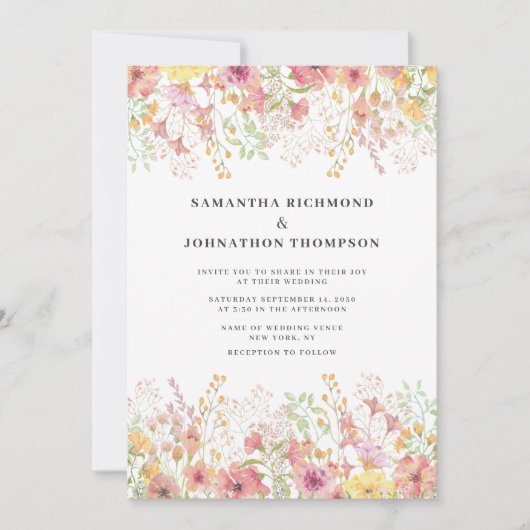 Invitation Pink Wildflower Floral Watercolor Wedding (Devant)
