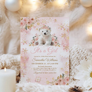 Invitation Pink Winter Bear C'est un Baby shower fille