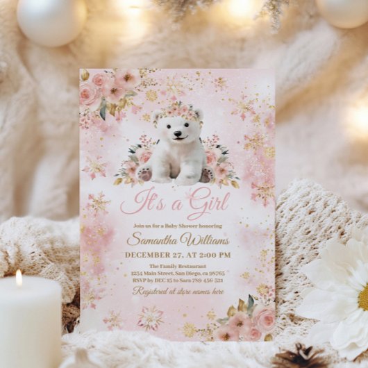 Invitation Pink Winter Bear C'est un Baby shower fille