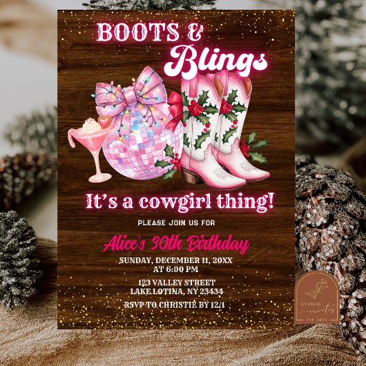 Invitation Pink Winter Christmas Boots and Blings Birthday