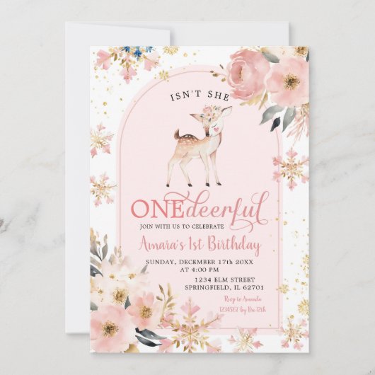 Invitation Pink Winter Onedeererdeerdeerfake Floral Anniversa (Devant)