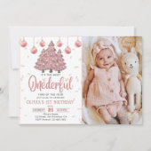 Invitation Pink Winter Onederful Noël Arbres Anniversaire (Devant)
