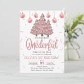 Invitation Pink Winter Onederful Noël Arbres Anniversaire (Debout devant)