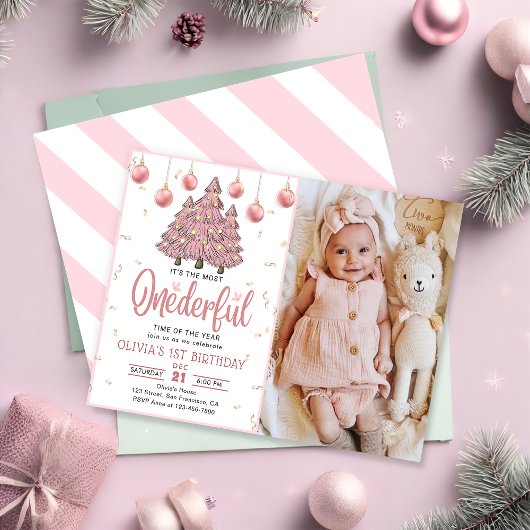 Invitation Pink Winter Onederful Noël Arbres Anniversaire