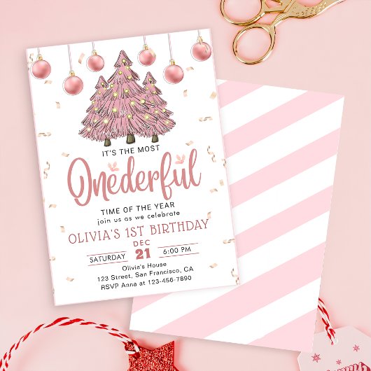 Invitation Pink Winter Onederful Noël Arbres Anniversaire