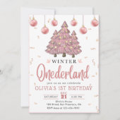 Invitation Pink Winter Onederland Noël Arbres Anniversaire (Devant)