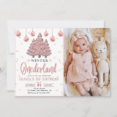 Invitation Pink Winter Onederland Noël Arbres Anniversaire (Devant)