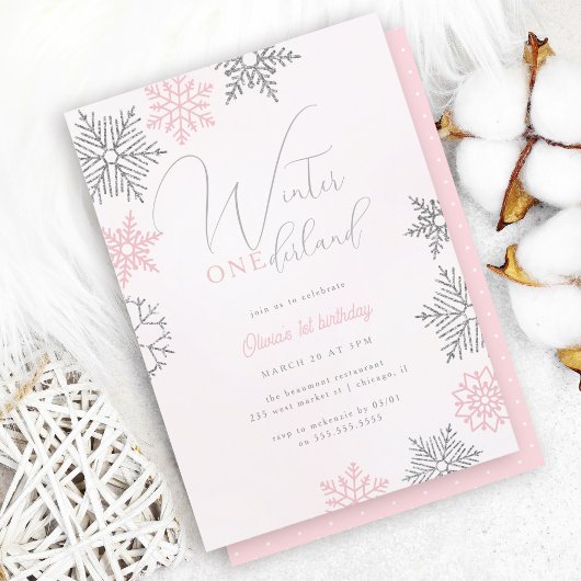 Invitation Pink Winter Onederland Parties scintillant d'argen