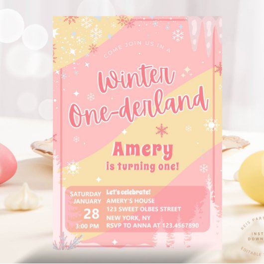 Invitation Pink Winter Onederland Silver Glitter 1st Birthday