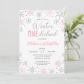 Invitation Pink Winter Onederland Snowflakes Premier annivers (Debout devant)