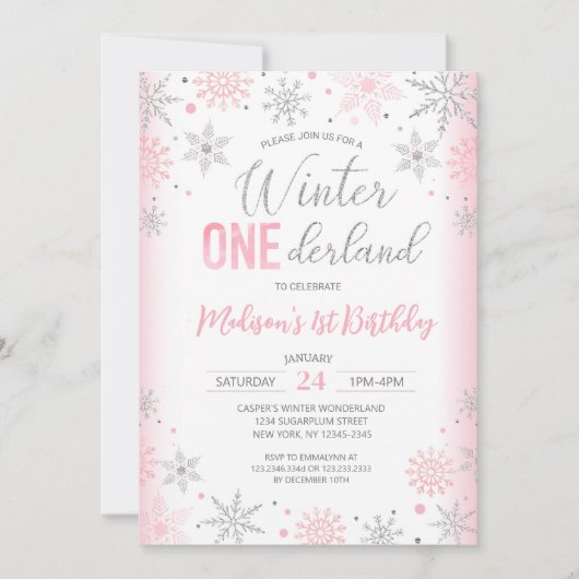 Invitation Pink Winter Onederland Snowflakes Premier annivers (Devant)