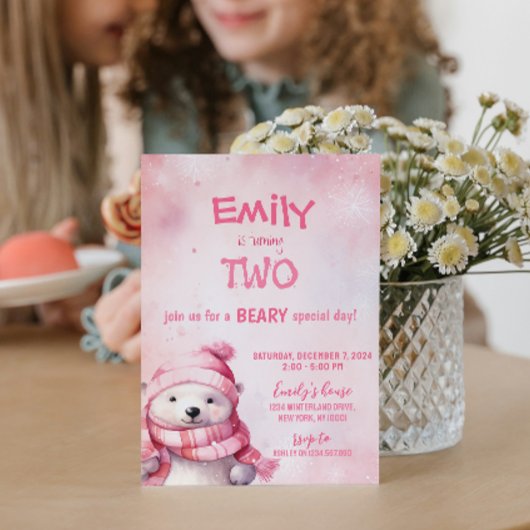 Invitation Pink Winter Polar Ours Snowflakes fête d'anniversa