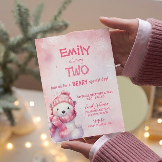 Invitation Pink Winter Polar Ours Snowflakes fête d'anniversa