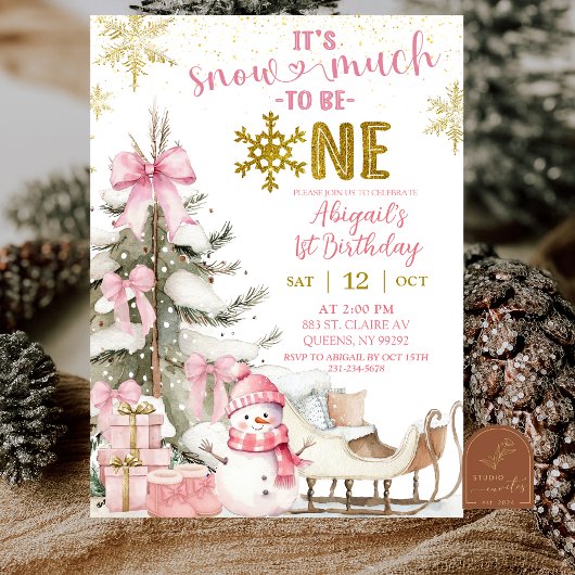 Invitation Pink Winter Snow Much Fun First Photo Birthday
